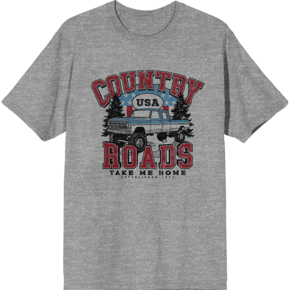 Country Roads Take Me Home Heather Gray Men's Crew Neck Short Sleeve Tee-Medium