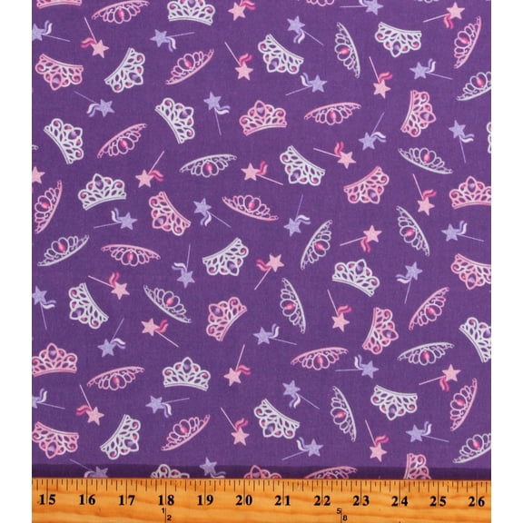 Cotton Tiaras Crowns Fairy Wands Princesses Fairytales Kids Tutu Cute Purple Cotton Fabric Print by the Yard (14143-66)