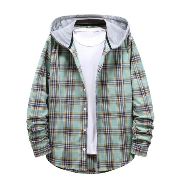 Camisas Para Hombre Talla Extra Hombres Hombres Camisa casual con estampado a cuadros Cuello con capucha Camisa de manga larga Blusa (Mint Green, L)