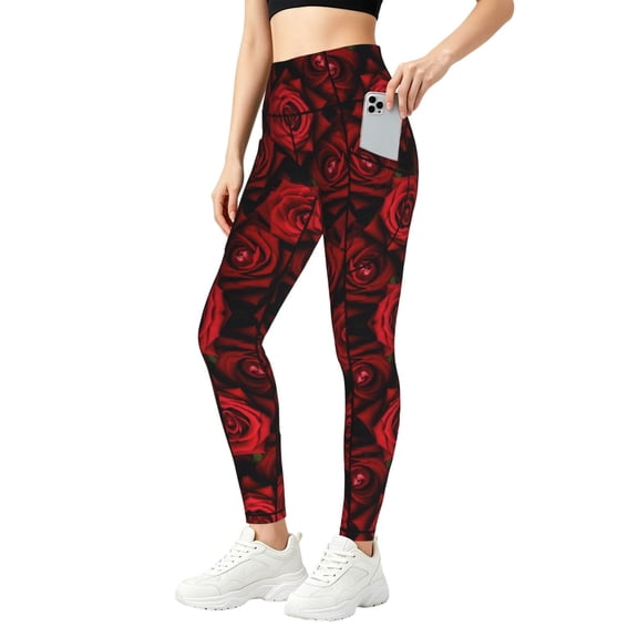 Red Roses High Waisted Yoga Pants with Pockets Leggings for Women Tummy Control Workout Leggings Small