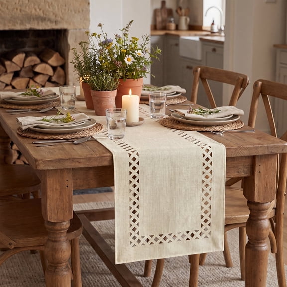 Sm:)e Beige Table Runner, Hollow Out Laser Cut Solid Color, Seasonal Summer Washable Kitchen Dining Table Decoration for Home Party Decor 13x72 Inch