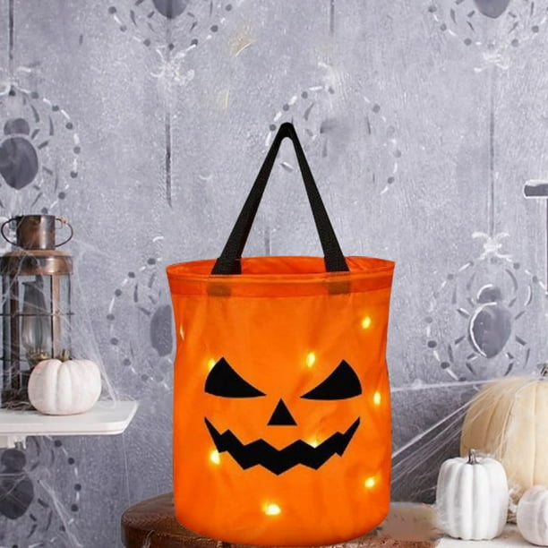 Bolsa de dulces LED para Halloween | Bolsa luminosa con forma de calabaza para pedir dulces | Recipiente de tela reutilizable para dulces infantiles