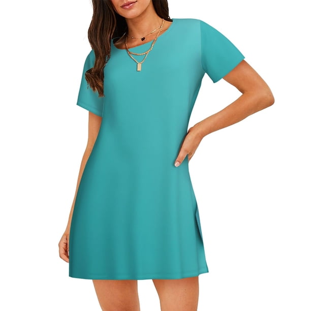Balery a Teal Ribbonin Camisón de manga corta con cuello redondo para mujer, cómodo y elegante.