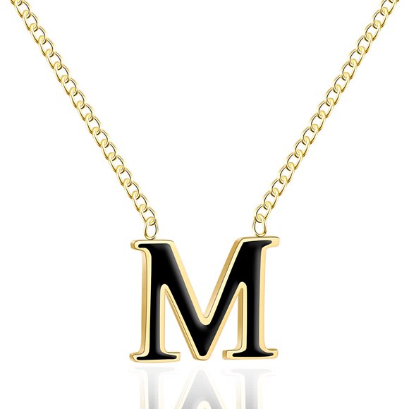 18k Gold-Plated Letter Necklace, Stainless Steel Initial A-Z Pendant Necklaces for Women Girls, Black/Gold , Personalized Chain Necklace