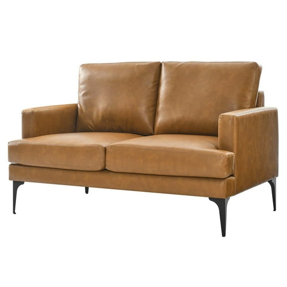 Loveseat Sofa Couch, Tan, Vegan Leather, Living Kitchen Cafe Bistro Hospitality Restaurant, Modern Contemporary HB34365