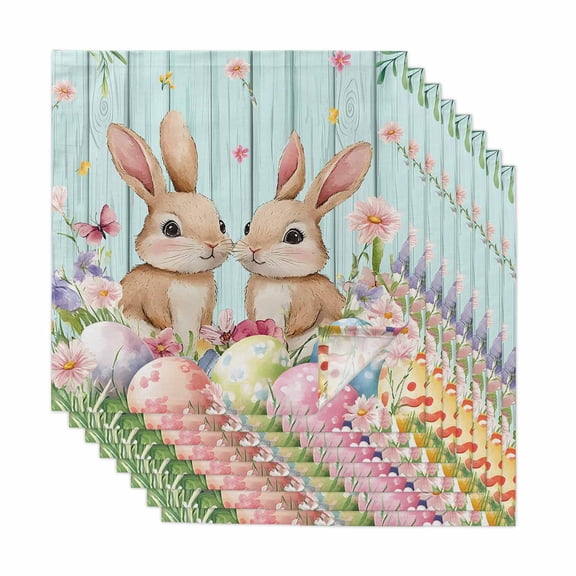 Easter Cloth Napkins, Spring Rabbit Colorful Eggs Flowers Wooden Grain Washable and Reusable Dinner Napkins Set of 8, Table Napkin for Kitchen Party Birthday Wedding Hotel Housewarming 20"x20"