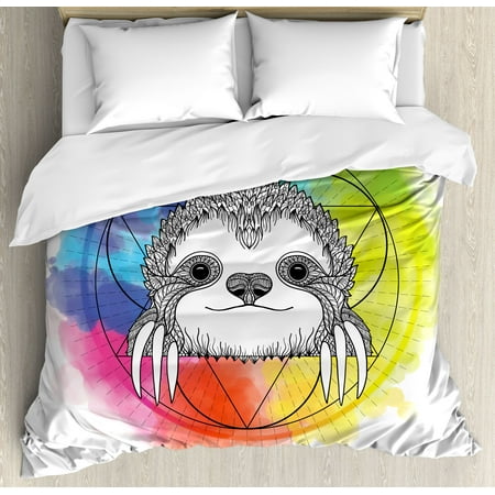 Bright Colored Bedding Sets Humor Duvet Cover Set, Rainbow Colored Backdrop Image with Sketchy Happy Smiling Cartoon Sloth Art Print, Decorative Bedding Set with Pillow Shams, Multicolor, by Ambesonne ()