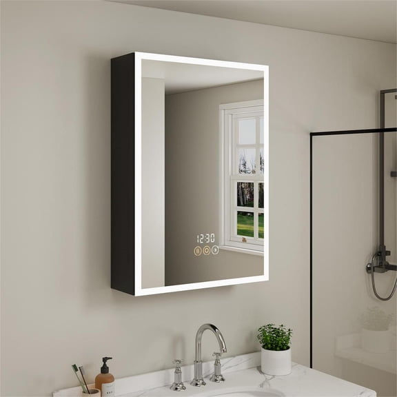 Lxmons Medicine Cabinet with LED Lights and Mirror, 20 x 28 Inch Surface or Recessed Mounted Bathroom Cabinet, 3-Color Light, Clock&Temp, Defogger, Memory Function, Outlet & USB, Dimmer, Black