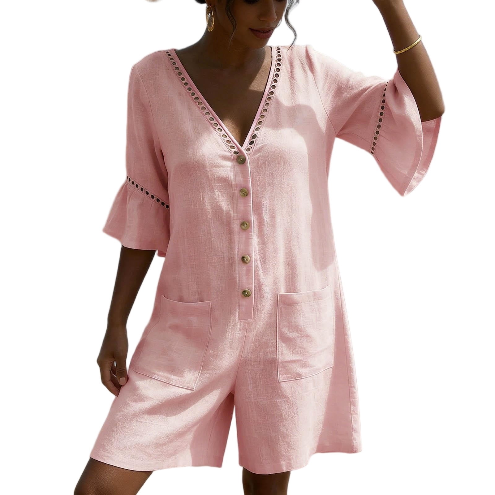 UPPADA Beach Jumpsuits for Women Casual V Neck Eyelet Trim Romper Short Sleeve Button Linen Overall Vacation Outfits with Pockets Pink,L