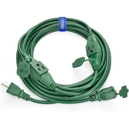 

Clear Power 16/3 SJTW 25ft Outdoor Extension Cord with 3 Inline Outlets & Outlet Covers Green CP10225