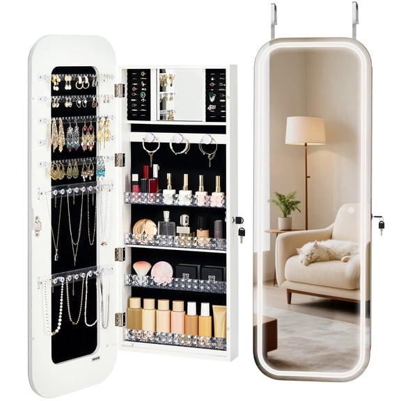 VEVOR LED Mirror Jewelry Cabinet, 42.5-inch Tall, Full-Length Mirror with Storage, Wall Mount/Over the Door Jewelry Armoire Organizer with Lights, Rounded Design, Lockable Door with 2 Keys, White