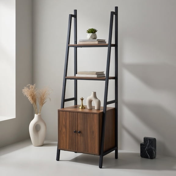 Spaco 4-Tier Ladder Shelf with Cabinet and Metal Frame-Rustic Brown, Tall Bookshelf, Shelves for Living Room, Home Office, Bedroom, Balcony