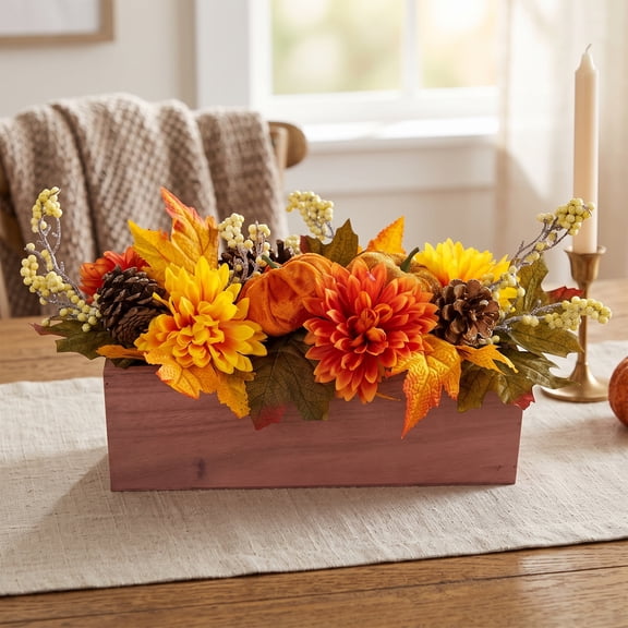 Northlight Glittered Flower Arrangement Box Fall Harvest Centerpiece - 14"