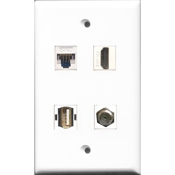 RiteAV 1 Port HDMI and 1 Port Coax Cable TV- F-Type and 1 Port USB A-A and 1 Port Cat5e Ethernet White Wall Plate