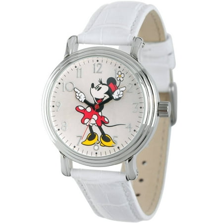 Articulating Classic Minnie Mouse Red Polka Dot Dress Women's Silver Vintage Alloy Watch, White Leather Strap
