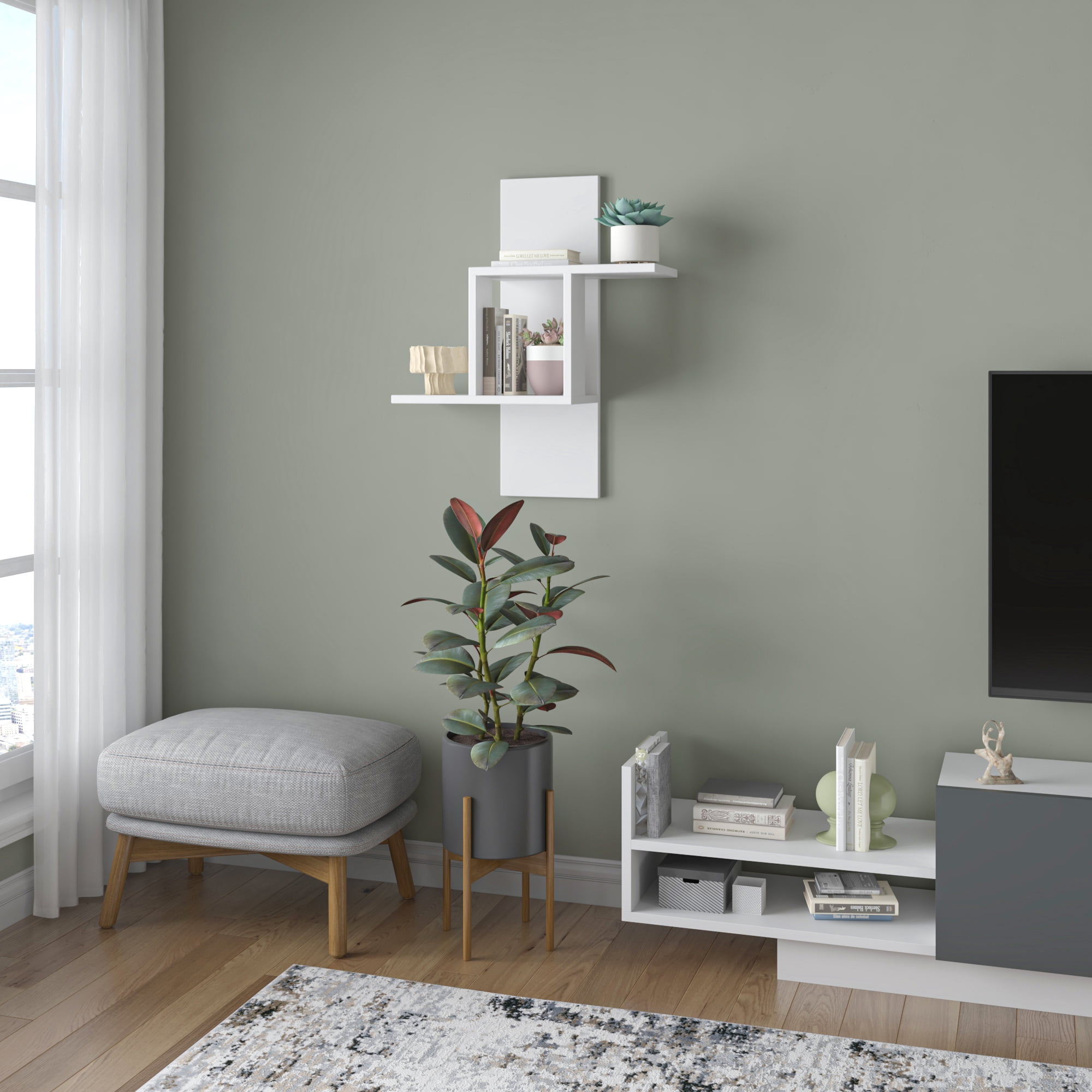 Ada Home Decor Furniture 25.2" 2 Tier White Waverley Modern Wall Shelf
