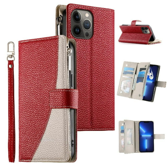 Funda cartera GANGXUN para iPhone 13 Pro Max , cuero PU con tarjetero, cremallera, correa de mano, soporte y protección 665°