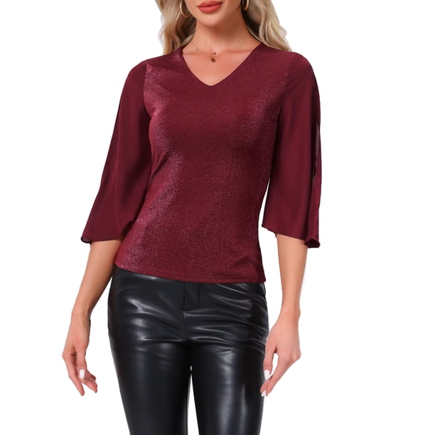 BLUSA V DE CUELLO EN FORMA DE INSPIRACIÓN CHIC PARA MUJERES, TOP ELEGANTE DE MANGA 3/4 CON VOLANTES, TOPS FLUIDOS PARA FIESTAS Y CLUB, M ROJO