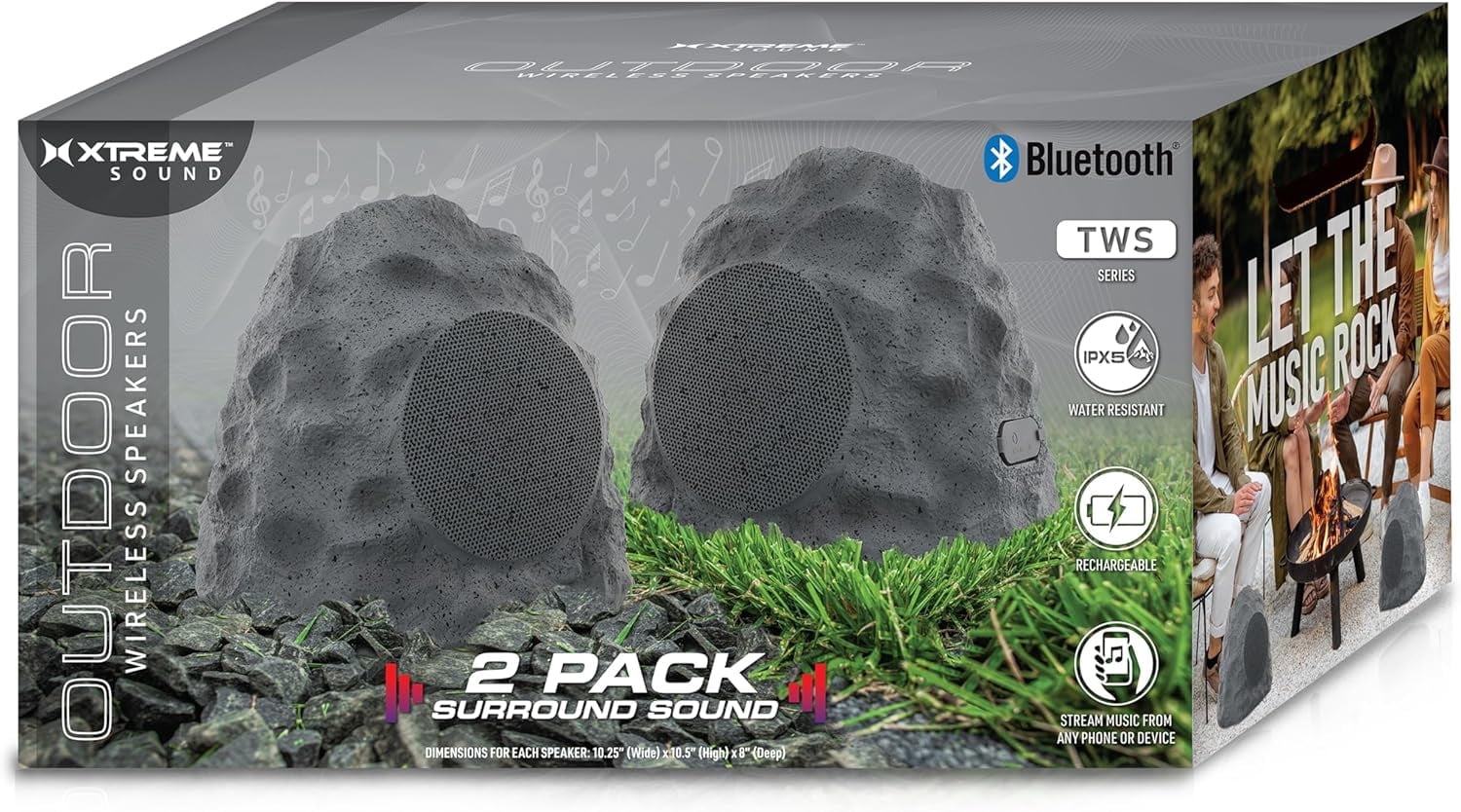 Xtreme Outdoor Bluetooth Rock Speakers 2 Pack, Camouflaged Wireless Speakers, IPX5 Water-Resistant, True Wireless Stereo, Aux Port, 33 Foot Bluetooth Range, Rechargeable up to 6 Hour Play Time
