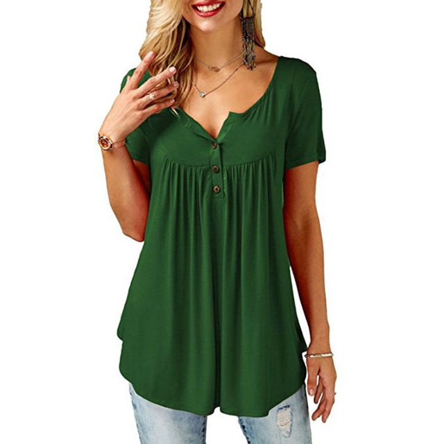 DYMADE Women Button Down Neck Solid Casual Blouse Pleated Tunic Top