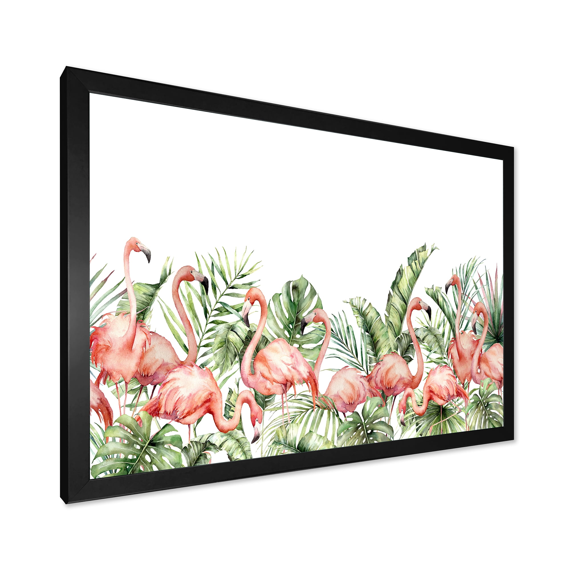 Designart 'Palm Leaves and Pink Flamingos Tropical Birds' Traditional Framed Art Print