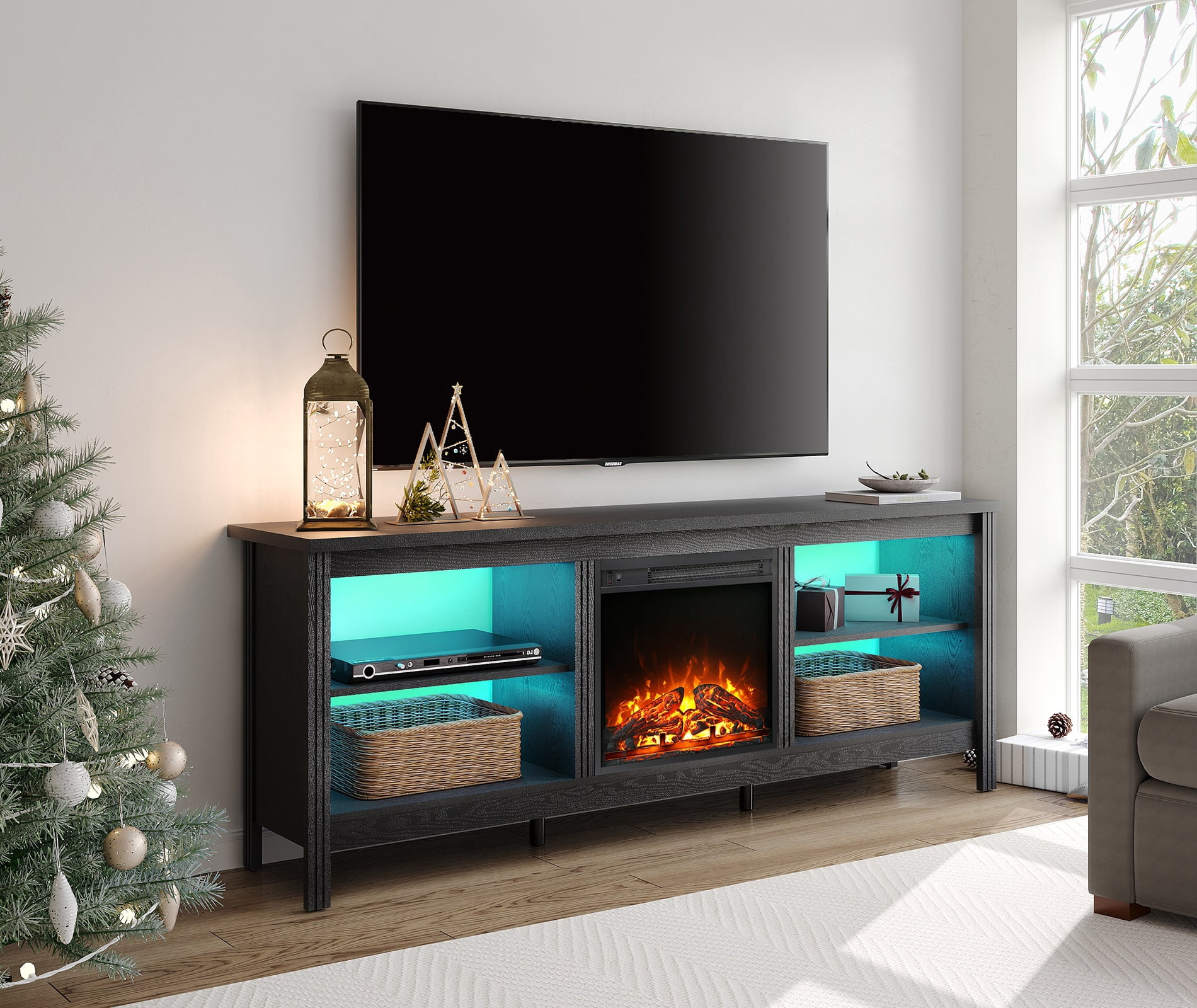 Fireplace TV Stand  for TV's up to 75 Inch, 16 Changable LED Lights Entertainment Center for Living Room Bedroom, 70 inch, White