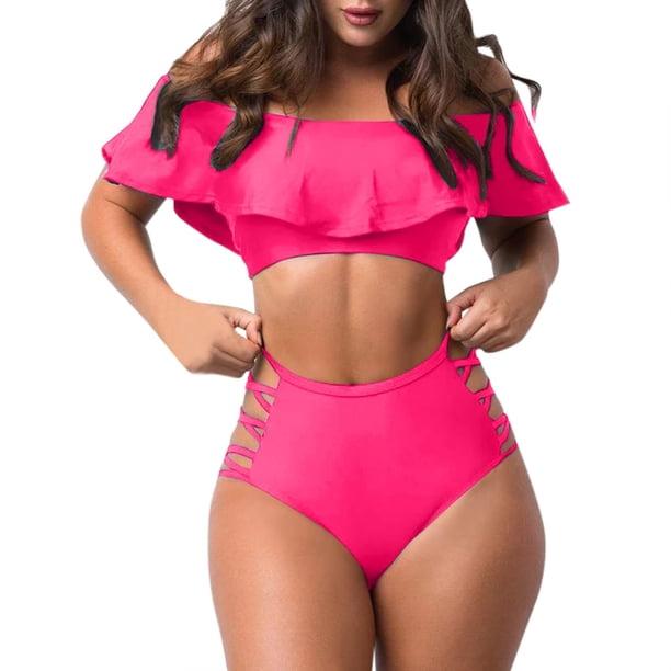 Trajes de baño para mujer, 2 piezas, estampado tropical hawaiano, camisola, sujetador y volantes, conjuntos de baño, ropa de playa Fridja nalpqowj59032