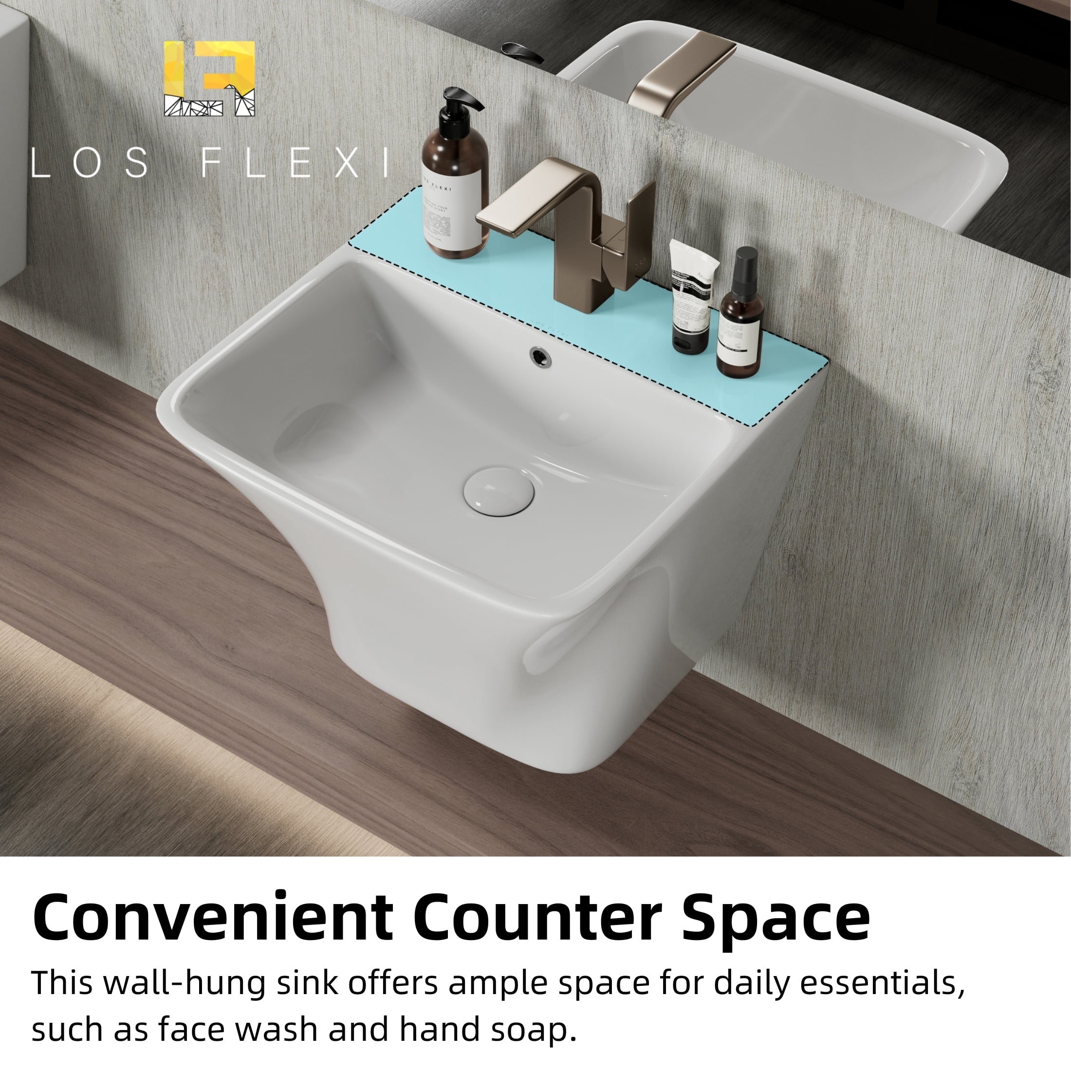 Los Flexi 19" Wall Mount Sink with Overflow in White, Floating Bathroom Vessel Sink, One Faucet Hole, Includes Pop-Up Drain Kit
