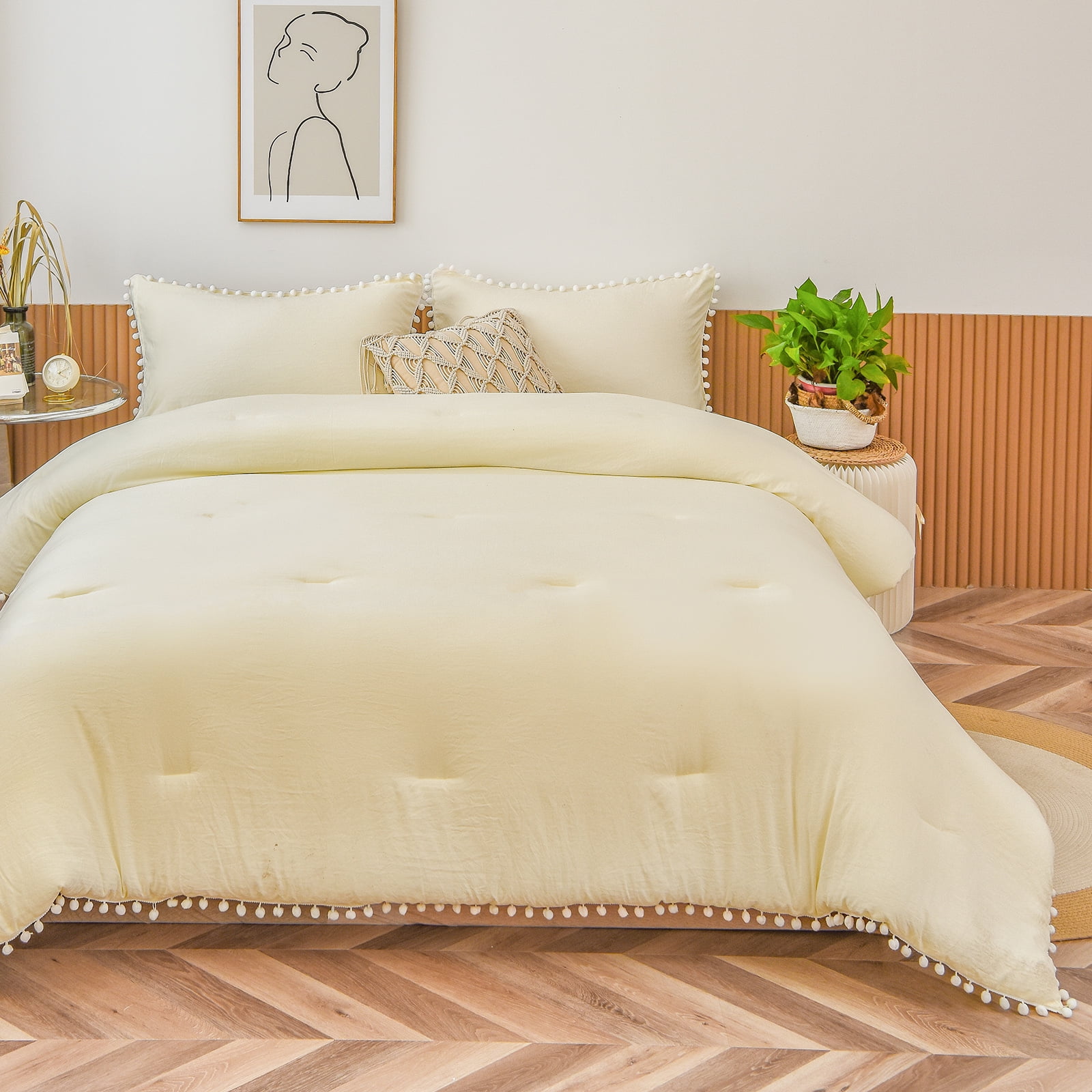 Move Over Beige Yellow Comforter Set Queen Cream Bedding Set Pom Poms