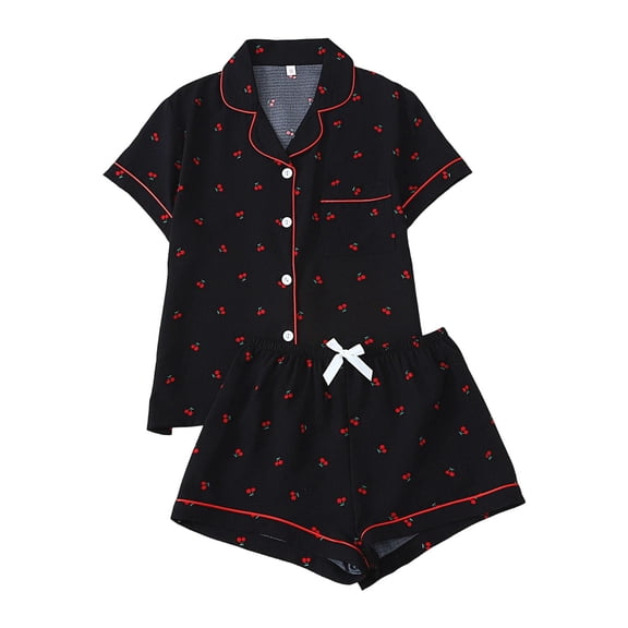 FASHOFT Cute Pajamas for Women Set 2 Piece Button Down Cherry Print Pjs Shorts Sets with Drawstring Short Sleeve Loungewear Soft Sleepwear Black L