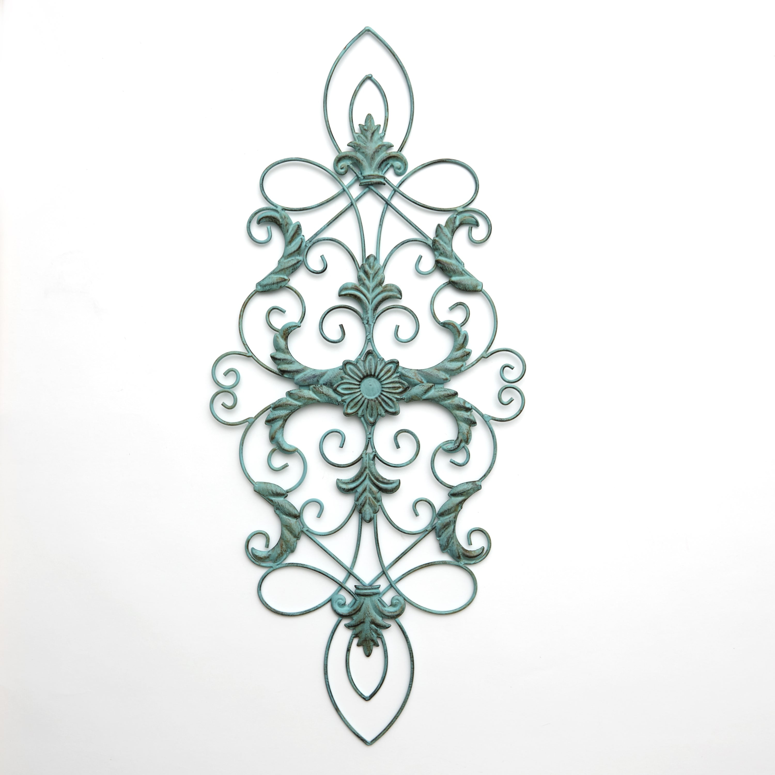 Metal Wall Art Medallion with Ornate Accent Pattern Teal Oblong