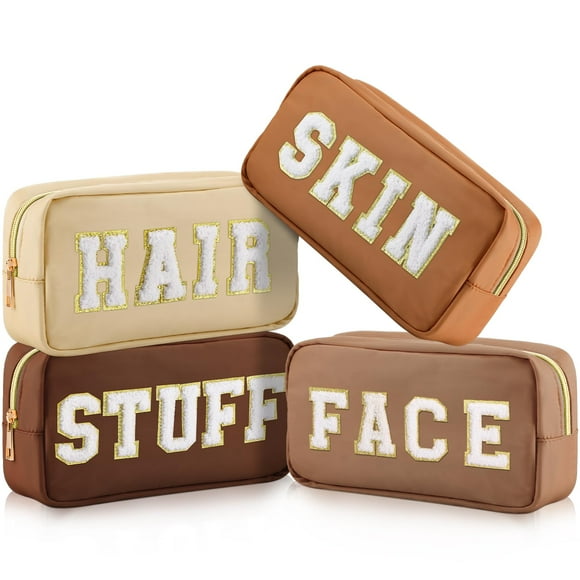 Bolsas de maquillaje Cunno Preppy de nailon con letras de chenilla, 4 unidades, color marrón