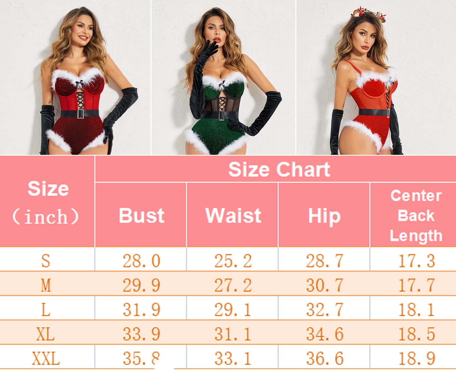 Avidlove Christmas Lingerie for Women Snap Crotch Bodysuit Santa Lace up Lingerie With Underwire and Belt
