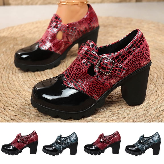 Women's Retro Chunky Heel Pumps, Color Block Platform Dress Shoes, Round Toe Comfortable High Heel Walking Shoes, Adjustable Buckle Casual Heels for Daily Wear