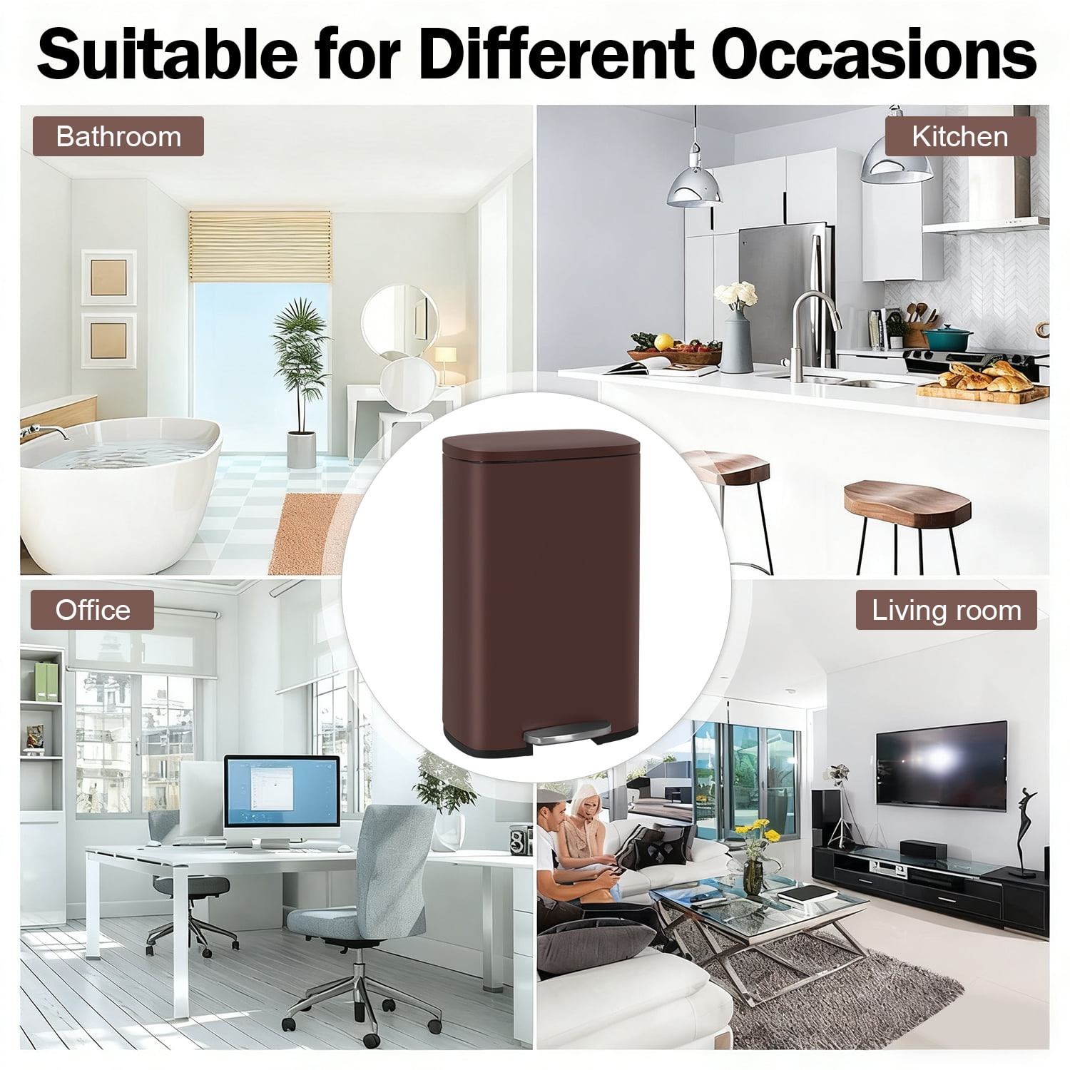 NiamVelo 13 Gallon Kitchen Trash Can with Lid, Metal Step on Trash Can Stainless Steel Trash Can Touchless Garbage Bin for Office Bedroom Bathroom , Brown