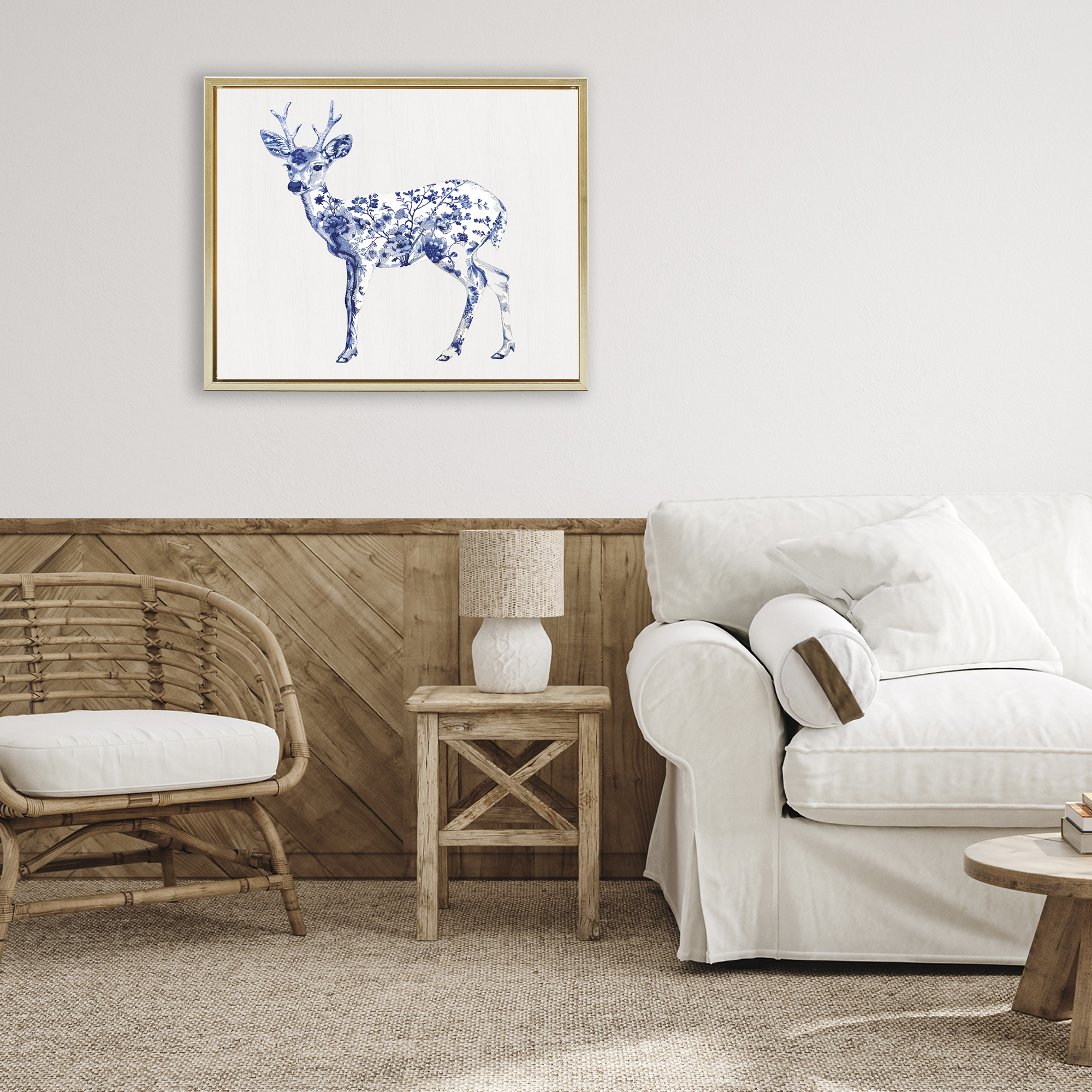 Graceful Toile Deer Gold Framed Floater Canvas Wall Art, design by Lettered and Lined