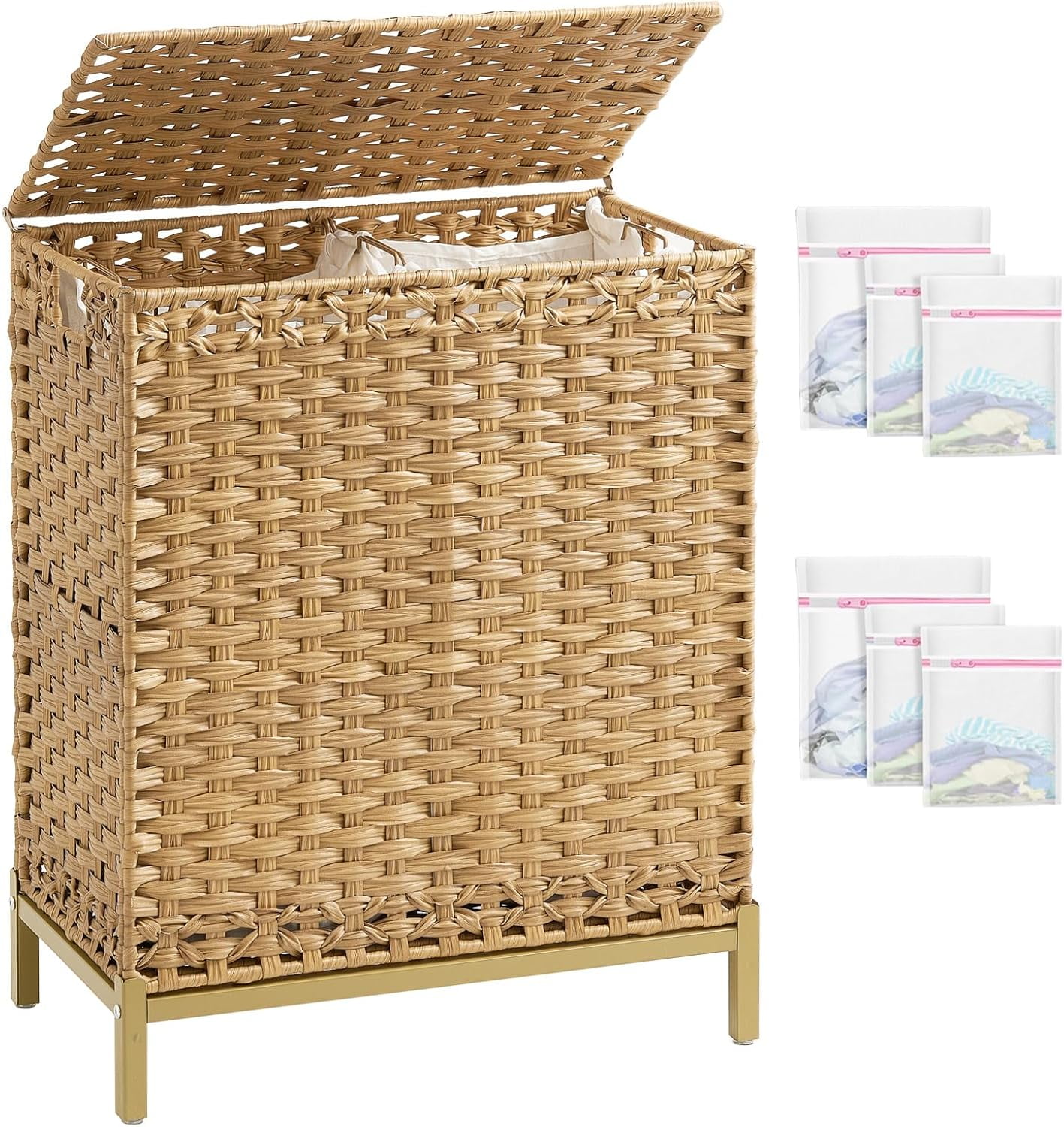 Laundry Hamper with Lid, 112 L Handwoven Rattan Wicker Laundry Basket, 2 Removable Liner Bags Metal Heightened Feet, 6 Mesh Bags, 2 Section Large Clothes Hamper for Bathroom Bedroom, Black