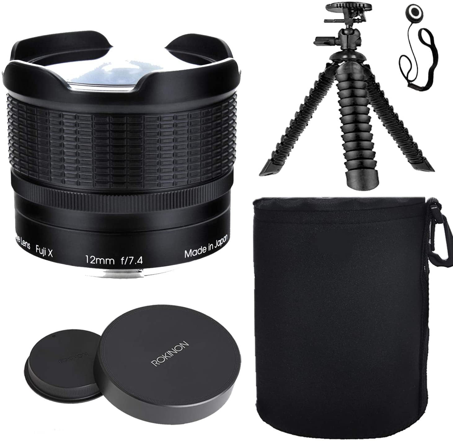 Rokinon 12mm f/7.4 RMC Fisheye Lens for Fujifilm X Mount w/Lens Hood Spider Flex Tripod & Other Accessory Bundle Protective Lens Case 