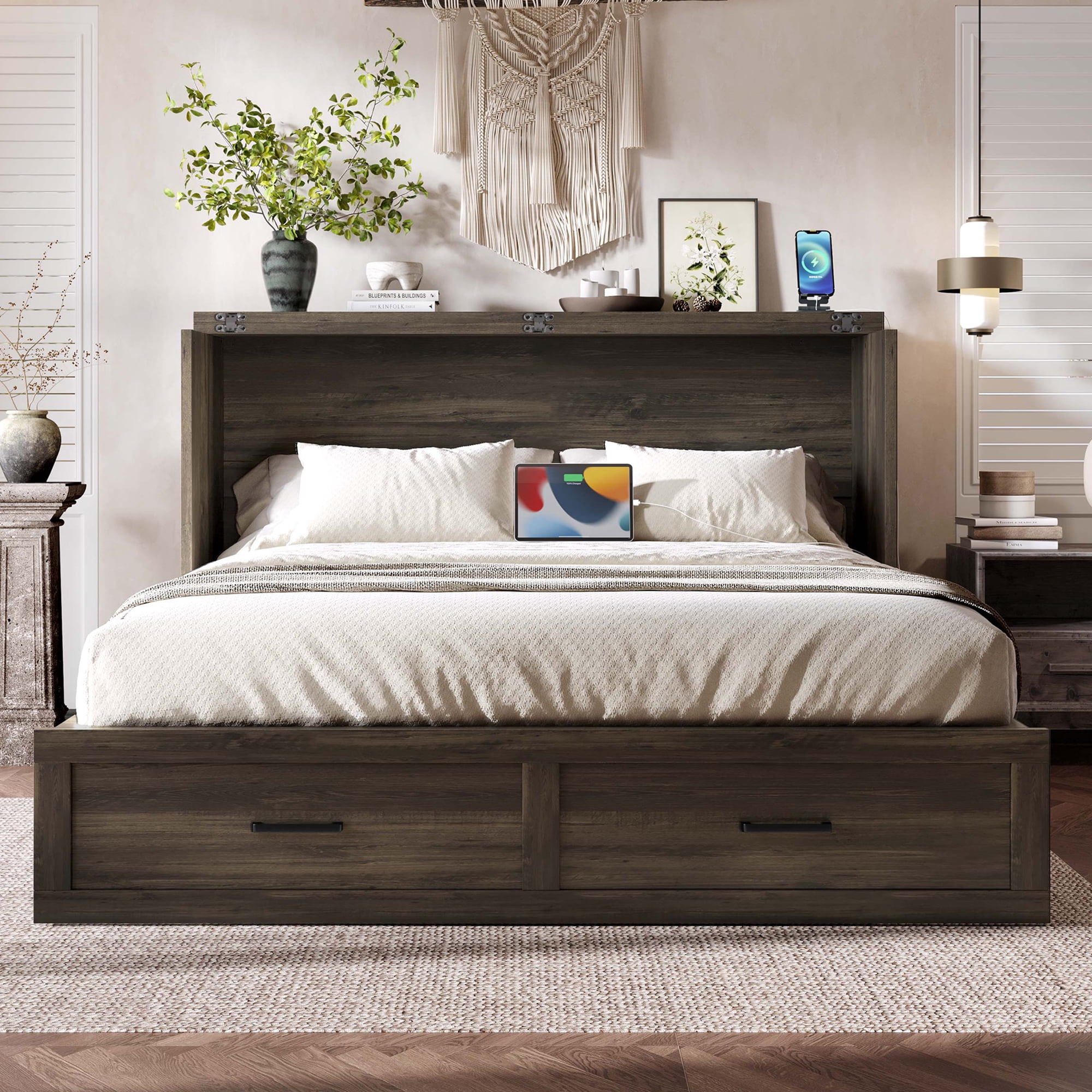 Mintazer Queen Murphy Cabinet Bed with Charging Station & Large Storage Drawer, MultiFunctional Foldable Platform Bed for Guest Room Bedroom, Brown