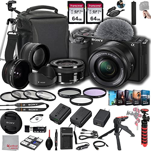 Sony ZV-E10 Mirrorless Camera with 16-50mm Lens, 128GB Memory.43 Wide Angle & 2X Lenses, Case. Tripod, Filters, Hood, Grip,Spare Battery & Charger, Video & Photo Editing Software Kit -Deluxe Bundle