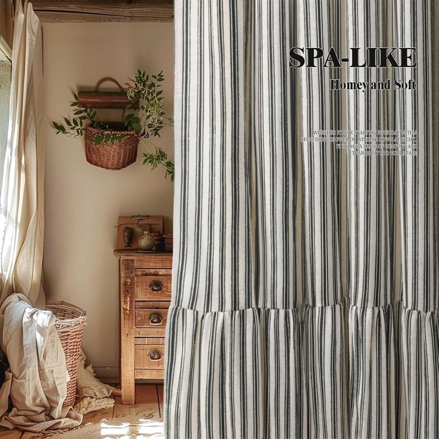 Shower Curtain with Ruffle Hem Linen Shower Curtains for Bathroom Country Vintage Rustic Natural Fabric, Cream-Black Stripe 72" W x 72" L