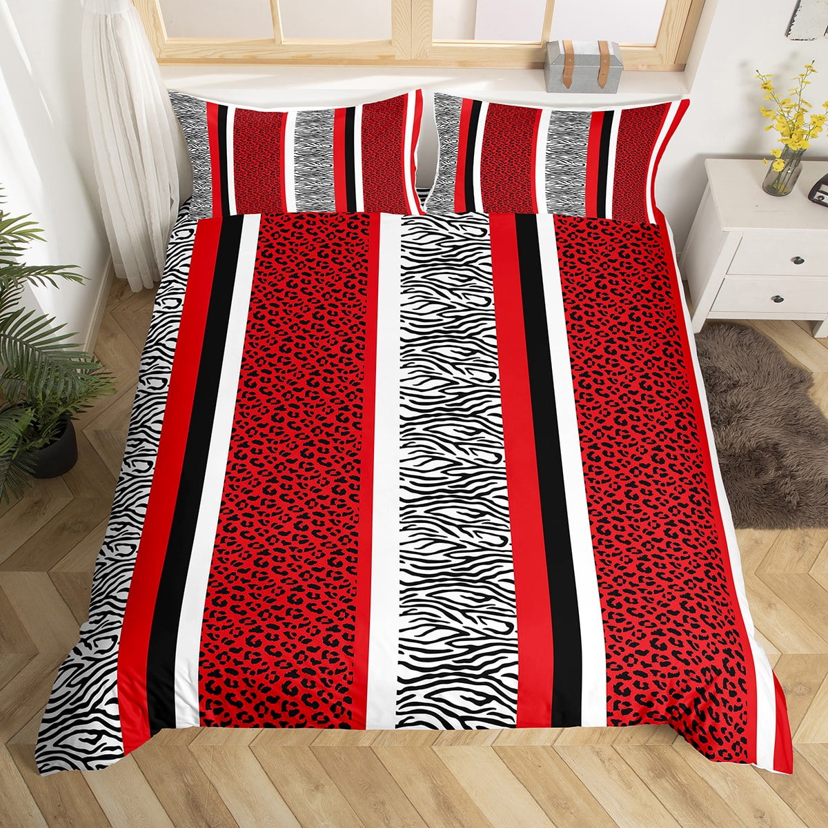 YST Red Black Leopard Print Duvet Cover Queen Black White Zebra Cheetah Print Bedding Set For