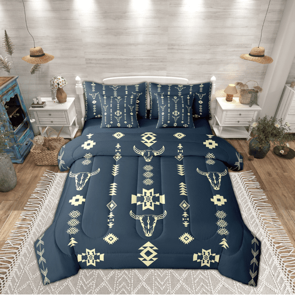 Manfei Bohemian Aztec Twin Bedding Sets 7-Piece for Adult, Hippie Sheep Skull Bedding Comforter Set, Mandala Boho Style Reversible Sheet Sets, Breathable Home Decor