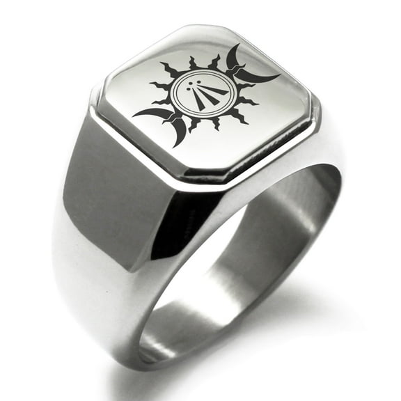 Stainless Steel Celtic Awen Arwen Sun & Moon Engraved Square Flat Top Biker Style Polished Signet Ring
