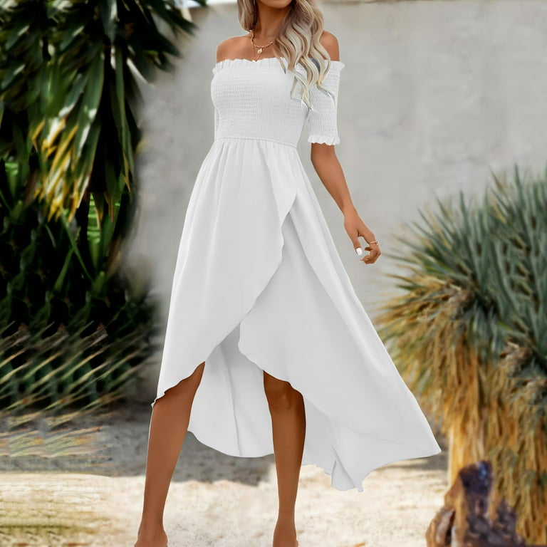 Women's Short Sleeve Off-The-Shoulder Wrap Midi Dress Elegant A Line  Asymmetric Swing Hem Dresses Solid Simple Midi Dresses - Walmart.com