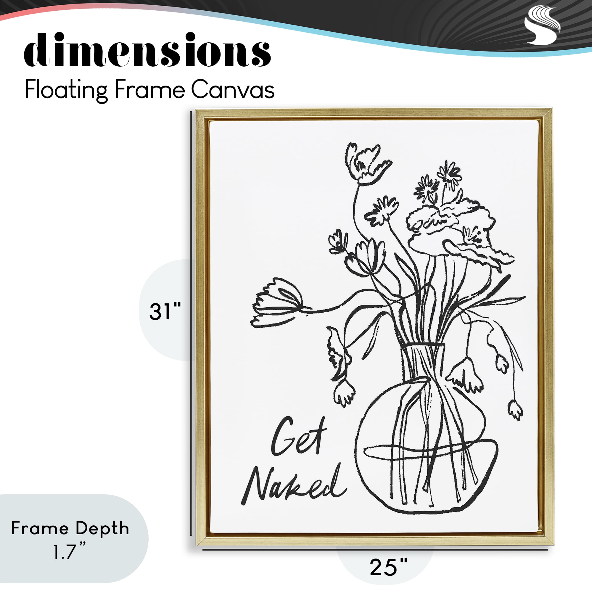 Stupell Industries Get Naked Flower Contour Gold Framed Floater Canvas Wall Art, design by Lettered and Lined