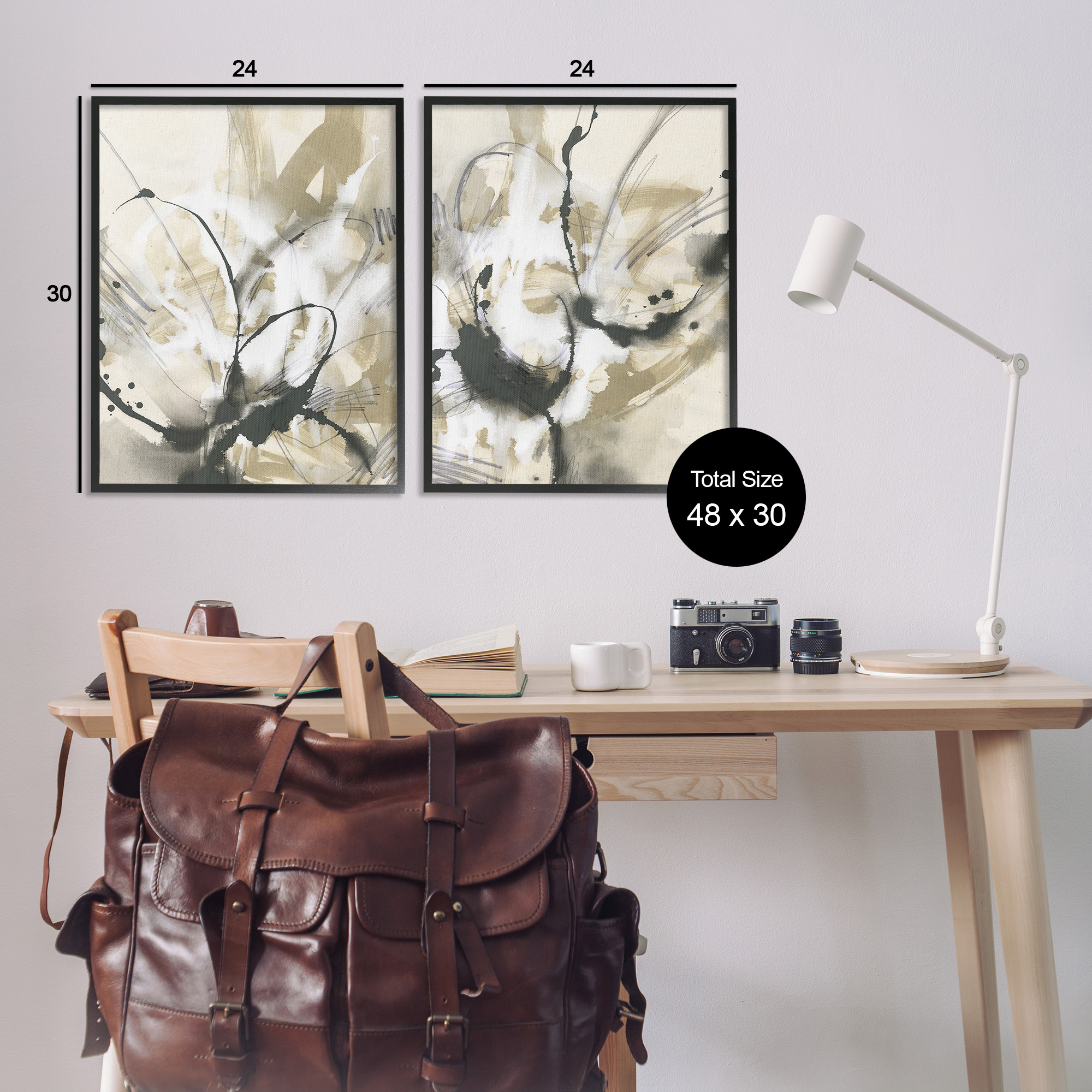 Stupell Industries Beige & Black Splatter Abstract Painting Black Framed Art Print Wall Art, 24 x 30, Set of 2