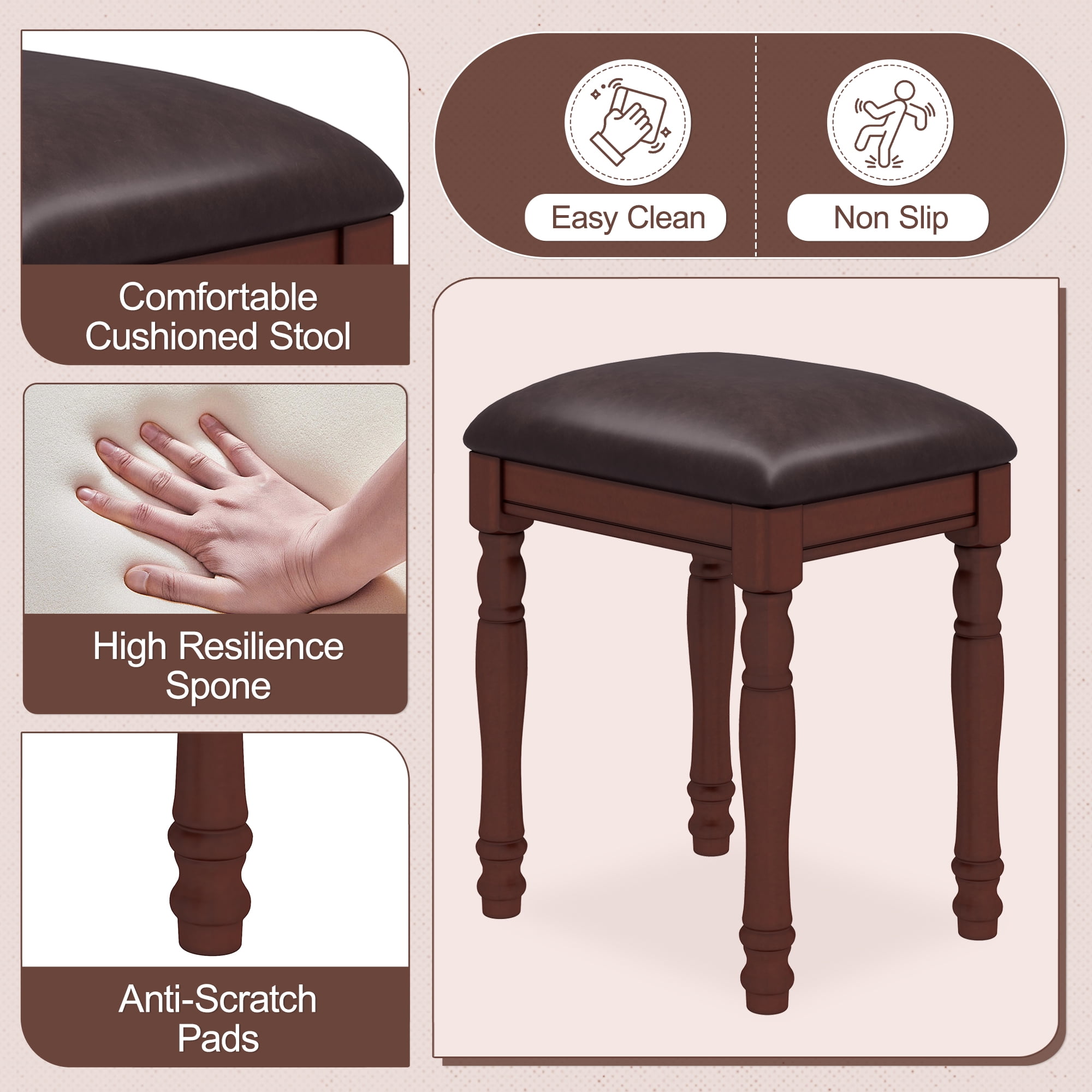 Euroco Vintage Wooden Vanity Desk Set with Adjustable Mirror, Cushioned Stool & 5 Velvet-Lined Drawers, Solid Wood Makeup Table with Oval Mirror and Carved Details