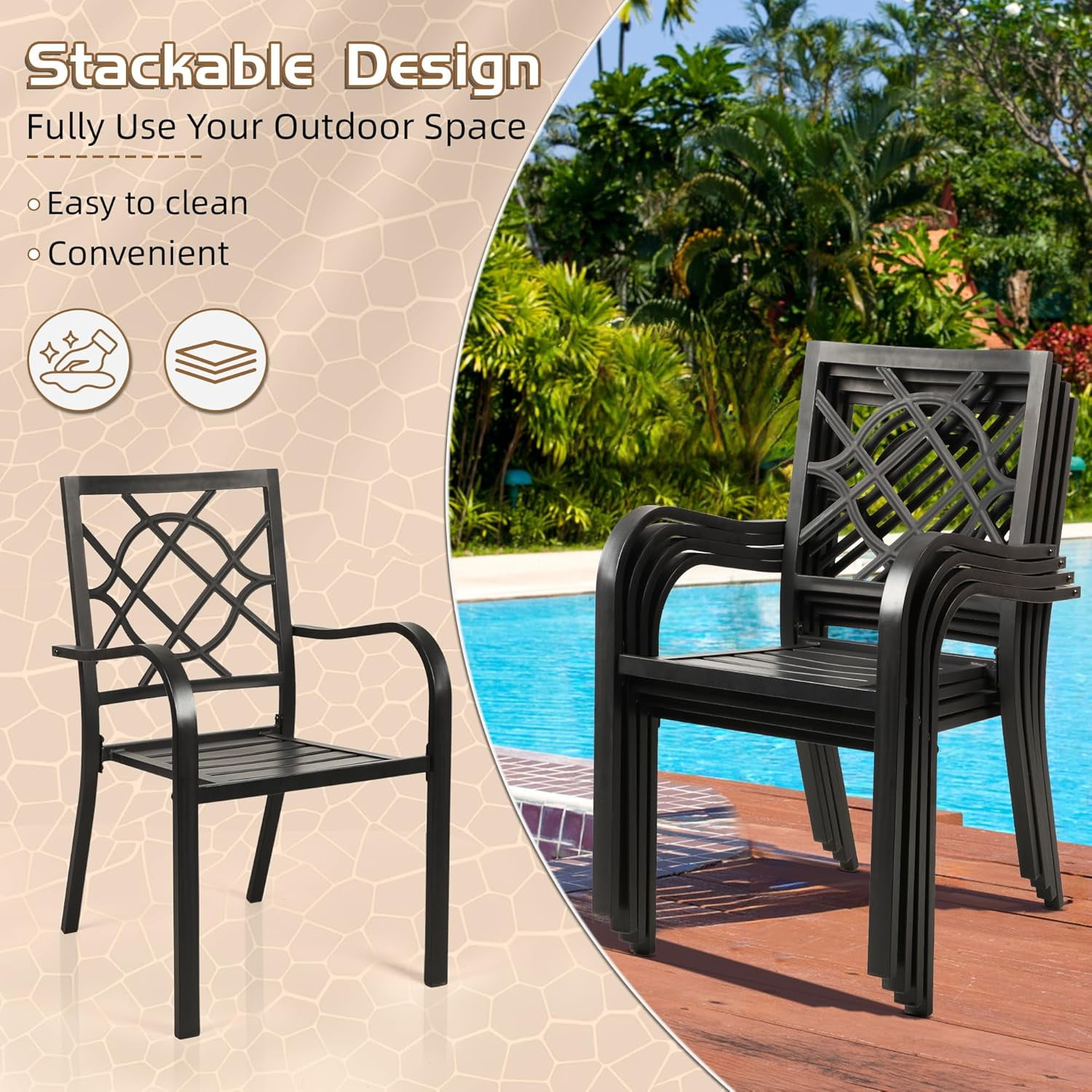SOLAURA Patio Dining Chairs Outdoor Stackable Wrought Iron Chairs Set of 2 - Black