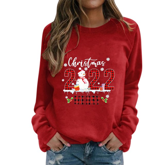 Sudadera Gibobby con estampado navideño para mujer Cuello redondo Fit Pullover Tops Casual Manga larga rojo M